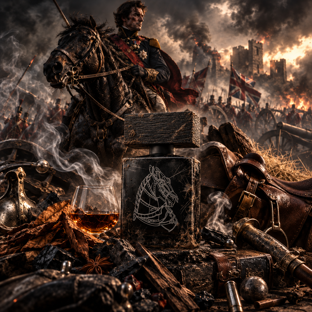 Iron Duke de BeauFort London en primer plano, con frasco negro desgastado y marcado por la batalla, rodeado de cuero, humo, alcohol, metal y ruinas de guerra, mientras un jinete militar sobre un caballo negro lidera al ejército entre fuego, banderas y un campo de batalla dramático al fondo.