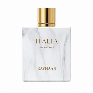 Botella de Rayhaan Italia Pour Homme con acabado blanco marmoleado, detalles dorados y tapa metálica sobre fondo blanco.