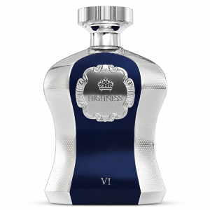 Botella de Highness VI de Afnan sobre fondo blanco, con cuerpo azul oscuro, acabados plateados texturizados, placa frontal metálica y tapa plateada brillante.