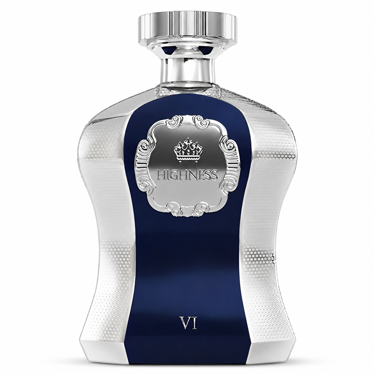 Botella de Highness VI de Afnan sobre fondo blanco, con cuerpo azul oscuro, acabados plateados texturizados, placa frontal metálica y tapa plateada brillante.
