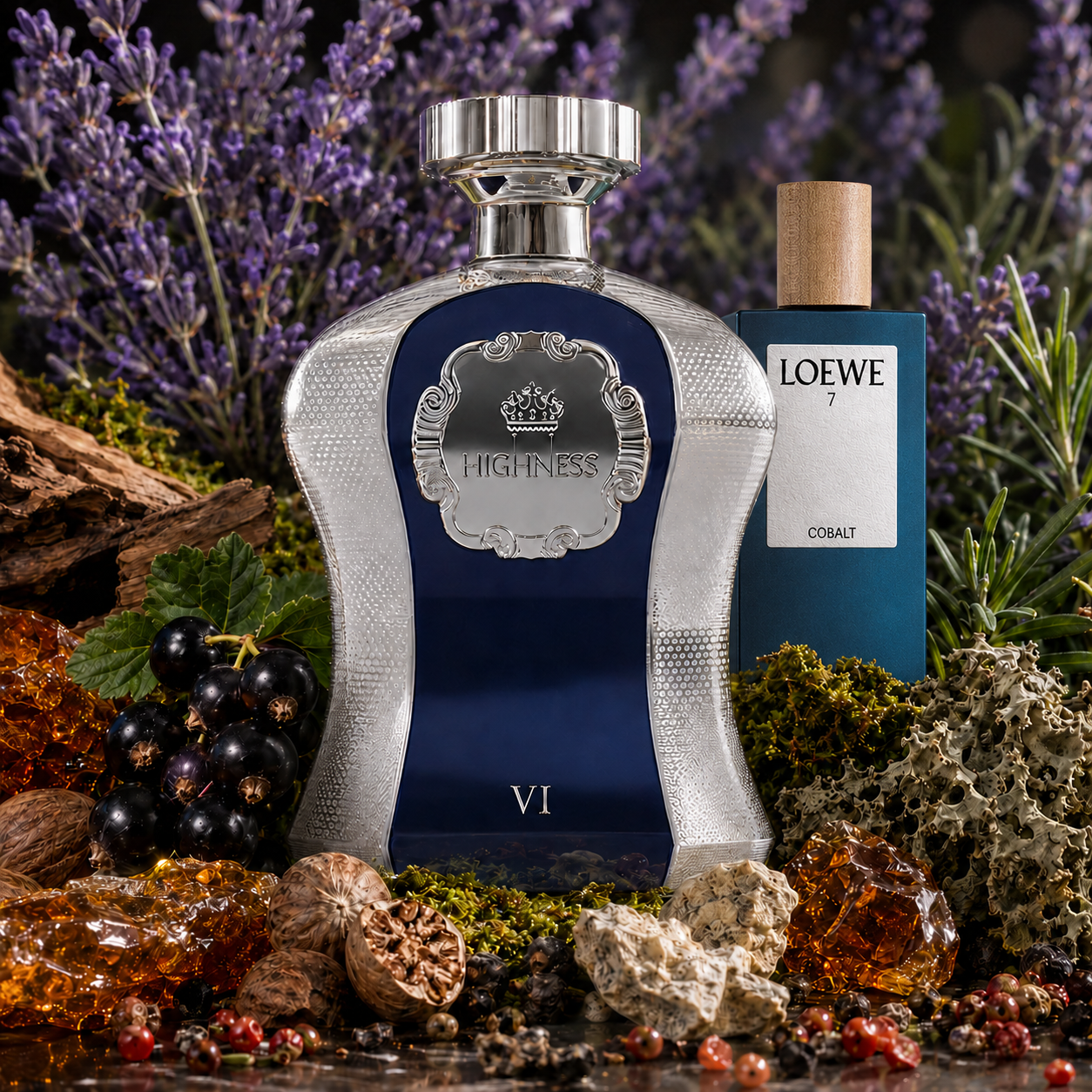 Botella Highness VI de Afnan junto a Loewe 7 Cobalt, rodeadas de lavanda, grosellas negras, nuez moscada, pachulí, musgo de roble, maderas y resinas de ámbar.