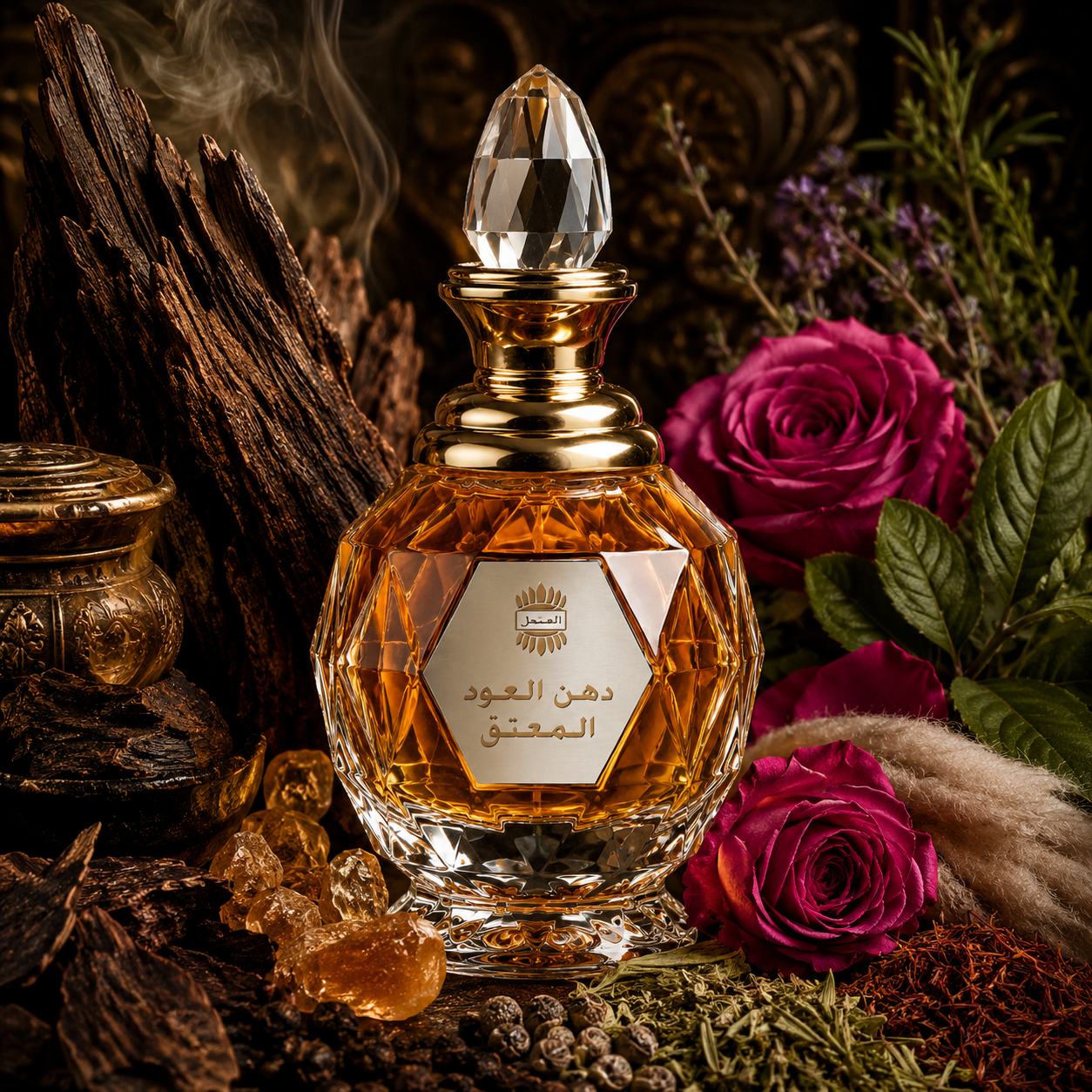 Mukhallat Dahn Al Oudh Moattaq de Ajmal rodeado de abundante madera de oud, rosas, resinas de ámbar, azafrán, especias, hierbas orientales y pachulí en una composición cálida y lujosa.