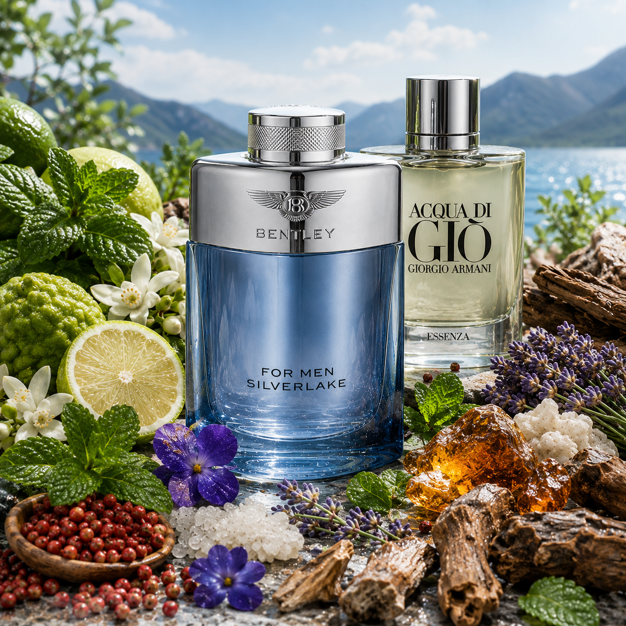 Bentley for Men Silverlake junto a Acqua di Giò Essenza, rodeados de limón, menta, hojas de violeta, lavanda, pimienta rosa, almizcle blanco y maderas ambaradas en una escena diurna junto al lago.