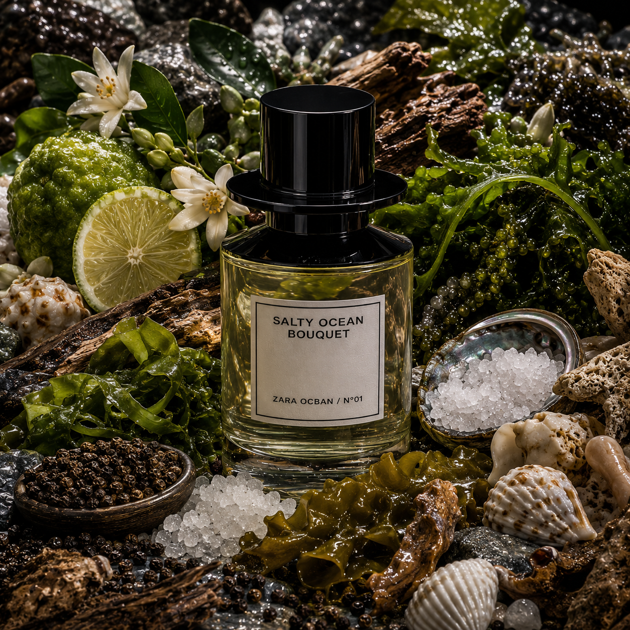Salty Ocean Bouquet de Zara con bergamota, pimienta negra, flores de azahar, sal marina, algas verdes y maderas húmedas