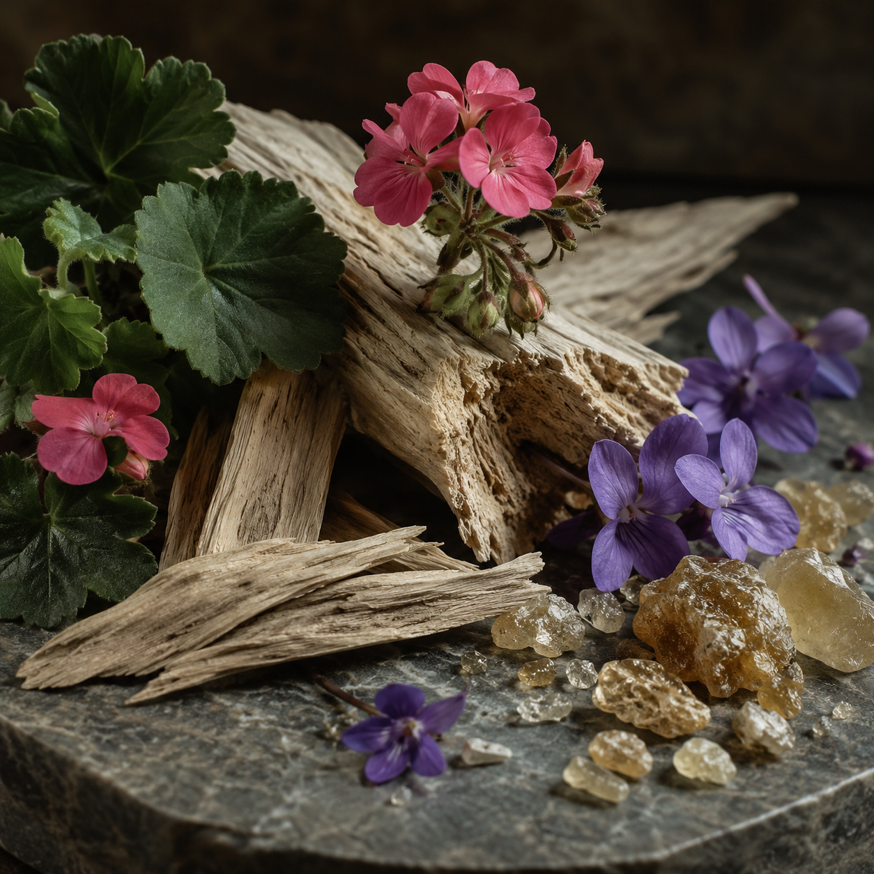 Corazón de maderas, geranio, violeta y elemí