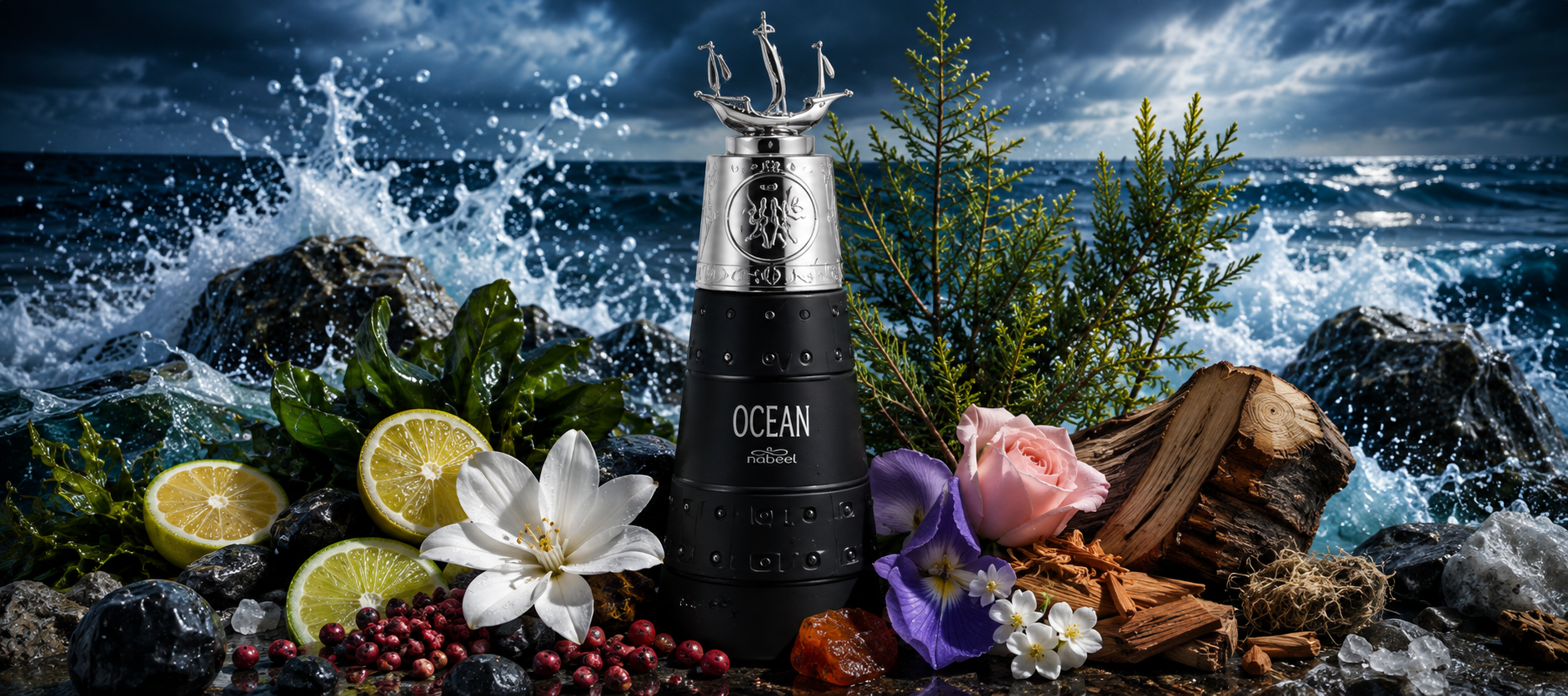 Imagen panorámica del universo olfativo de Ocean de Nabeel: la botella negra con tapa plateada en forma de barco aparece al centro, rodeada de mar agitado, rocas mojadas, cítricos, flores blancas y rosadas, iris, pimienta rosa, maderas, resinas y vegetación costera, en una escena cinematográfica, realista y de alto impacto.