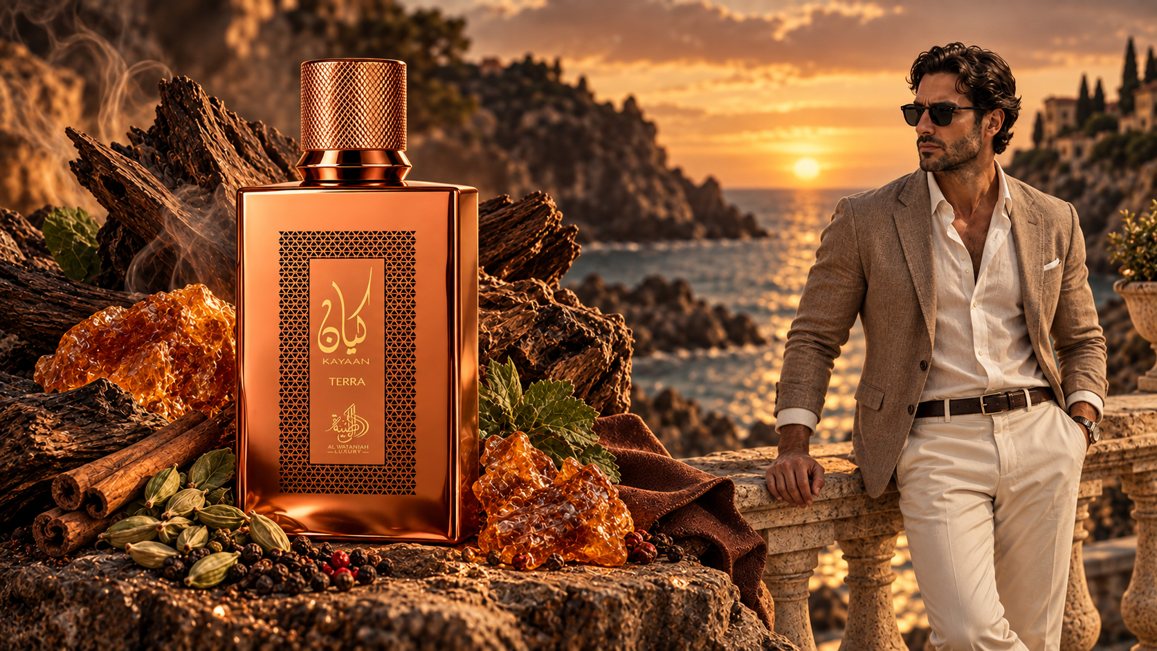 Kayaan Terra de Al Wataniah en primer plano, rodeado de ámbar, cardamomo, canela, cuero y maderas oscuras, junto a un hombre con outfit elegante en tonos beige y blanco frente al mar al atardecer, en una escena cálida y cinematográfica.