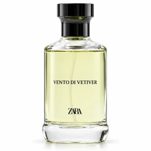 Frasco de perfume Vento di Vetiver de Zara, con cristal transparente, líquido amarillo verdoso natural y tapa negra, sobre fondo blanco.